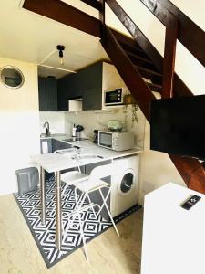 a kitchen with a table and a washing machine at Le Nid de l'Autodrome, cosy & pratique in Linas