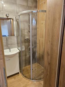 a bathroom with a shower and a sink at Bursztynek in Gąski