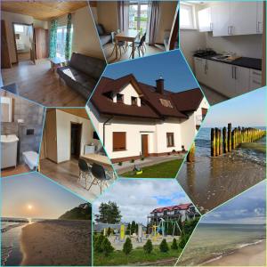 a collage of photos with a house and a beach at Bursztynek in Gąski