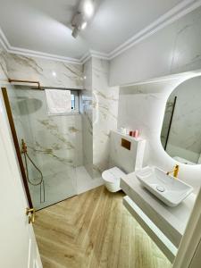 a bathroom with a shower and a toilet and a sink at Iassy Airport Luxury Apartments with Parking in Iaşi +35 photos