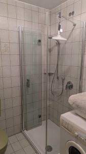 a shower with a glass door in a bathroom at Ferienwohnung Bei Grüns - nur Urlaubsgäste in Konz