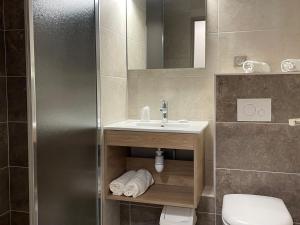 une salle de bain avec lavabo et douche dans l'établissement Écluse 34 - Hôtel & Gîtes, à Steinbourg
