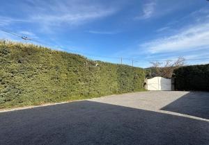 Villa Le Nid du Pont d'Arc في فالون بون دارك: سياج أخضر كبير بجوار مرآب أبيض