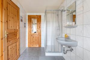 a bathroom with a sink and a shower and a door at Haus Schröder in Sankt Michaelisdonn
