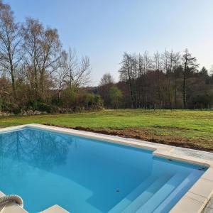 a blue swimming pool with a field in the background at Les Granges De Soulagnieux in Piégut-Pluviers