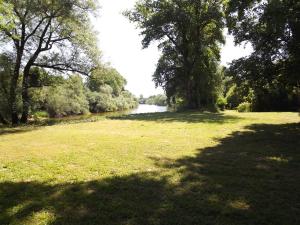 a field of grass with a river and trees at le chalet in Névy-lès-Dole