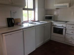 a white kitchen with a sink and a microwave at Ardnagashel Est No 8 in Bantry