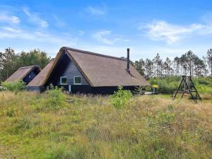 ein schwarzes Haus mit einem braunen Dach auf einem Feld in der Unterkunft Holiday Home Awenasa - 4-1km from the sea by Interhome in Nørre Nebel