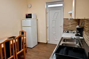 a small kitchen with a sink and a refrigerator at Tömörkény utcai vendégház in Mórahalom