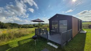 a small cabin with an umbrella on the grass at Cichy Brzeg Mazurski in Popowo Salęckie