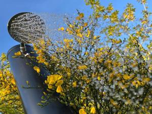 a bird bath with yellow flowers on it at Holiday Home Asta - 1km from the sea by Interhome in Ebeltoft