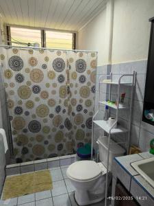 Un baño con cortina de ducha y un inodoro. en Pacayitas El Camino House, en Turrialba
