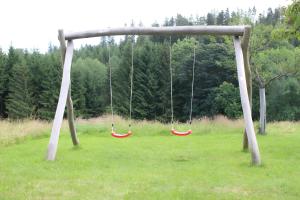 two swings in a field with trees in the background at Sigmundenhof Haus mit 6 Fewos in Schonach +15 photos