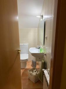 a bathroom with a toilet and a sink and a mirror at Casa Rural Barranco in Bielsa +7 photos