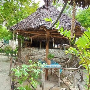 a table and chairs in front of a hut at NEW ORANGE APARTMEnt in Jambiani