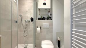 a bathroom with a glass shower with a toilet at Le Doré Central WiFi in Thoissey