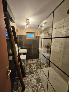 Un baño con ducha, inodoro y lavabo. en Le clos des oiseaux, en Maisnières