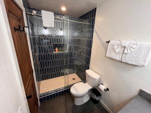 a bathroom with a shower with a toilet and a glass shower at Tastefully Remodeled Condo at Mammoth Ski & Racquet Club, Hot Tub, Garage, 10 Min Walk to Ski Lifts in Mammoth Lakes