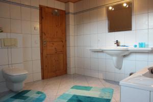 a bathroom with a toilet and a sink and a mirror at Ferienwohnung Prenzlau in Prenzlau