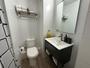 ein Badezimmer mit Toilette, Waschbecken und Spiegel in der Unterkunft Departamento Nuevo Full Parque Ohiggins in Santiago + 8 Fotos