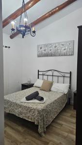 a bedroom with a bed and a chandelier at CASA RURAL SANTA ELENA in Cazalla de la Sierra +62 photos