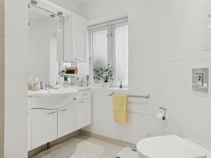 une salle de bain blanche avec toilettes et lavabo dans l'établissement Holiday Home Jenvold - 950m from the sea by Interhome, à Dronningmølle
