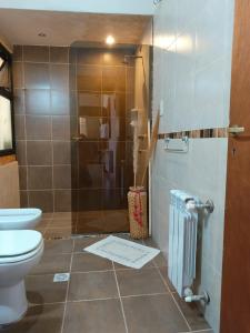 a bathroom with a toilet and a glass shower at Hospedaje Cabañas Costa Tilcara in Tilcara