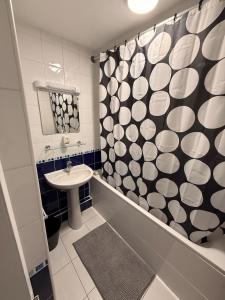baño con cortina de ducha en blanco y negro y lavamanos en 2 Bedroom flat with King beds, en Hendon 10 fotos más