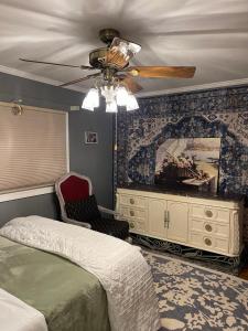 a bedroom with a bed and a ceiling fan at Splendid Room in House 10 mins to Airport in Saint Louis