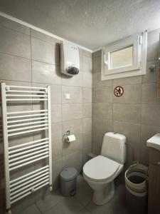 a small bathroom with a toilet and a window at Benoikon House With Free Private Parking in Serres +27 photos