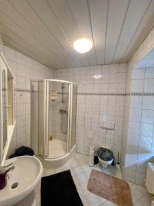 a bathroom with a shower and a sink and a toilet at Bike & Relax in Bernburg