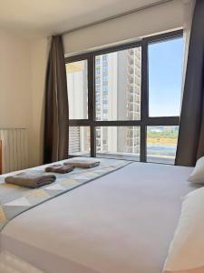 a bedroom with a large bed with a large window at Belgrade Waterfront Sky Apartment in Belgrade