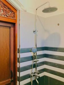 eine Dusche im Bad mit grünen und weißen Streifen in der Unterkunft Dream Villa in Batigama + 7 Fotos
