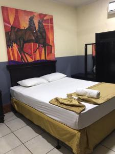 a bedroom with a bed with a painting on the wall at Hotel Plaza Cosiguina in Chinandega +19 photos