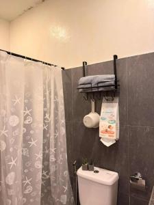 Un baño con inodoro y cortina de ducha. en Jodies Place Near Airport Cozy Homestay, en Puerto Princesa City 12 fotos más