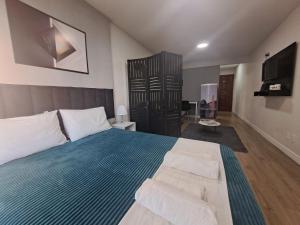 a bedroom with a large bed and a television at Lindo Studio Largo da Carioca Metrô VLT Lapa in Rio de Janeiro
