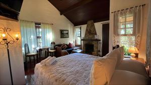 um quarto com uma cama e uma sala de estar em POUSADA NICO ON THE HILL em Monte Verde