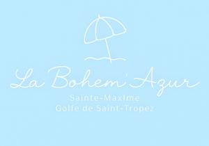 a blue background with an umbrella in the sky at La Bohem'Azur Villa Golfe St Tropez 170m2 5 chambres Piscine Spa Magnifique Vue Dégagée Déco Bohème Chic in Sainte-Maxime