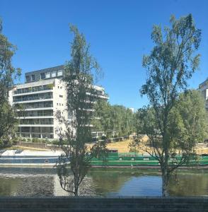 dos árboles en el agua frente a un edificio en Les Quais centre-ville, en Rennes 1 foto más