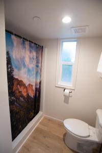 a bathroom with a toilet and a painting on the wall at Tiny House Village Yosemite-Blanca in Groveland