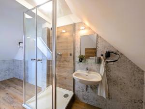 een badkamer met wastafel en douche bij BohnApartments Schiller 7- Penthouse- WLAN- Parking- citynah in Erfurt +42 foto's