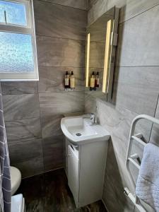 a bathroom with a sink and a mirror at The Bromley's in Great Yarmouth +35 photos