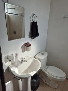 ein Badezimmer mit Waschbecken, Toilette und Spiegel in der Unterkunft Hermosa casa amueblada - Aeropuerto Monterrey in Monterrey