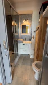 a bathroom with a toilet and a sink and a shower at Studio plage avec parking in Frontignan