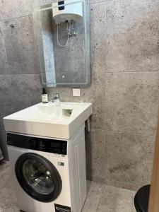a bathroom with a washing machine and a sink at poilsio ramybes oaze in VNO