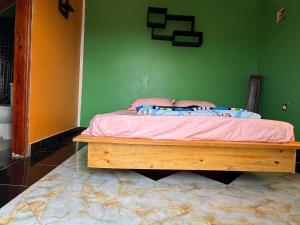 a bedroom with a bed with pink sheets and a green wall at Vales Room in Mpigi