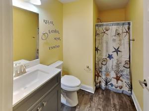 a bathroom with a toilet and a shower curtain at Put-in-Bay Waterfront Condo #208 in Put-in-Bay
