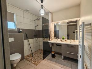 a bathroom with a shower and a toilet and a sink at Le balcon des cimes in Adast +220 photos