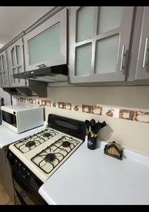 a kitchen with a stove and a microwave at Bonita casa en Oaxaca in Oaxaca City