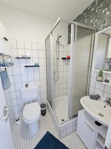a bathroom with a shower and a toilet and a sink at Fewo Friends, 2 Apartments, Businesswohnung, Monteurzimmer in Salzgitter